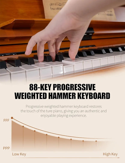 88-Key Wooden Digital Piano Heavy Hammer Keyboard - Full-Size Weighted Electric Piano for Beginners, with Sheet Music Stand, Triple Pedal, Power Adapter, and USB-MIDI Support-Dark Brown