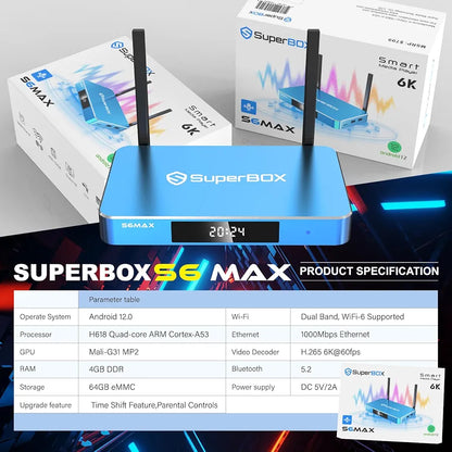  2025 S6 MAX Bundle 6K TV Box,4GB RAM+64GB ROM,Powerful Smart Box,Time Shift, Parental Control Time,Easy Setup Guide,Phone Support,2T2R,Dual Band WiFi, Built-in Voice Control System